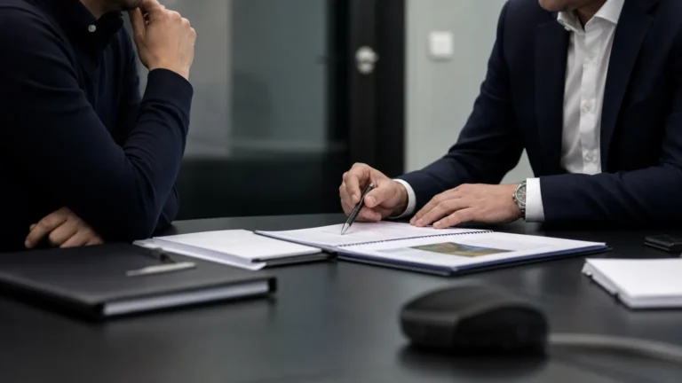 Twee niet-identificeerbare voetbalprofessionals in gesprek aan een vergadertafel.