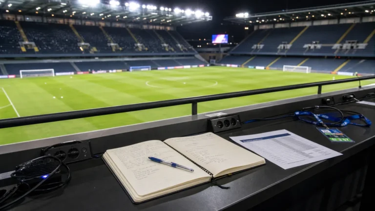Lege persplaats in een voetbalstadion met zicht op het verlichte veld.
