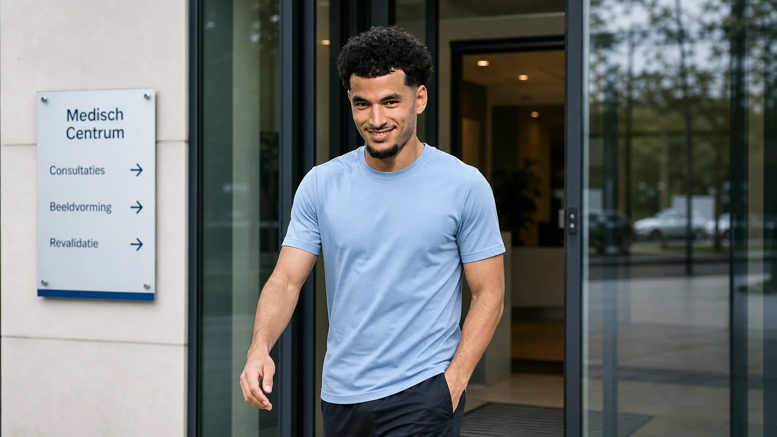 Zakaria El Ouahdi verlaat een medisch centrum in neutrale sportkleding.