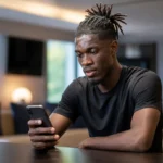 Yves Bissouma zit in neutrale sportkleding aan een tafel in een rustige professionele loungeruimte.