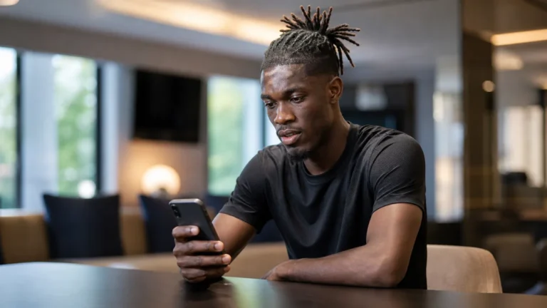 Yves Bissouma zit in neutrale sportkleding aan een tafel in een rustige professionele loungeruimte.