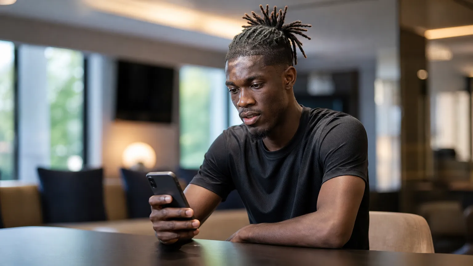 Yves Bissouma zit in neutrale sportkleding aan een tafel in een rustige professionele loungeruimte.