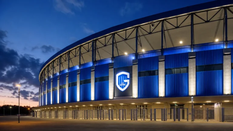 De ingang van de Cegeka Arena met een discreet KRC Genk-clubembleem bij valavond.