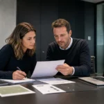 Twee clubmedewerkers overleggen in een vergaderzaal met een discreet Juventus-logo aan de wand.