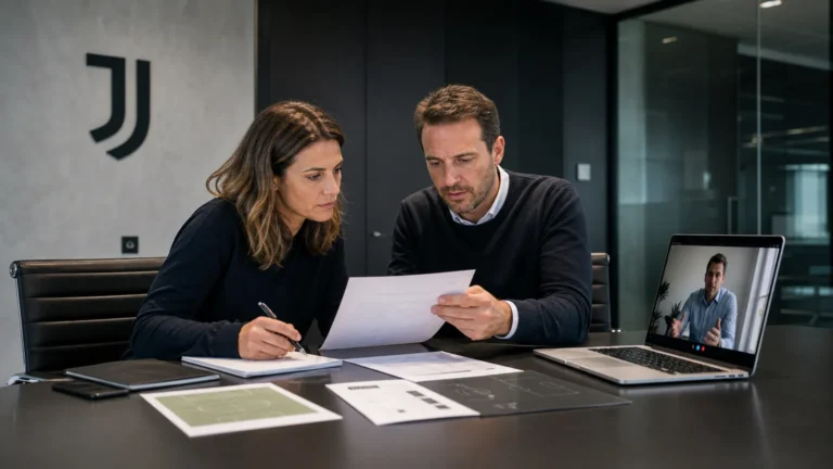 Twee clubmedewerkers overleggen in een vergaderzaal met een discreet Juventus-logo aan de wand.