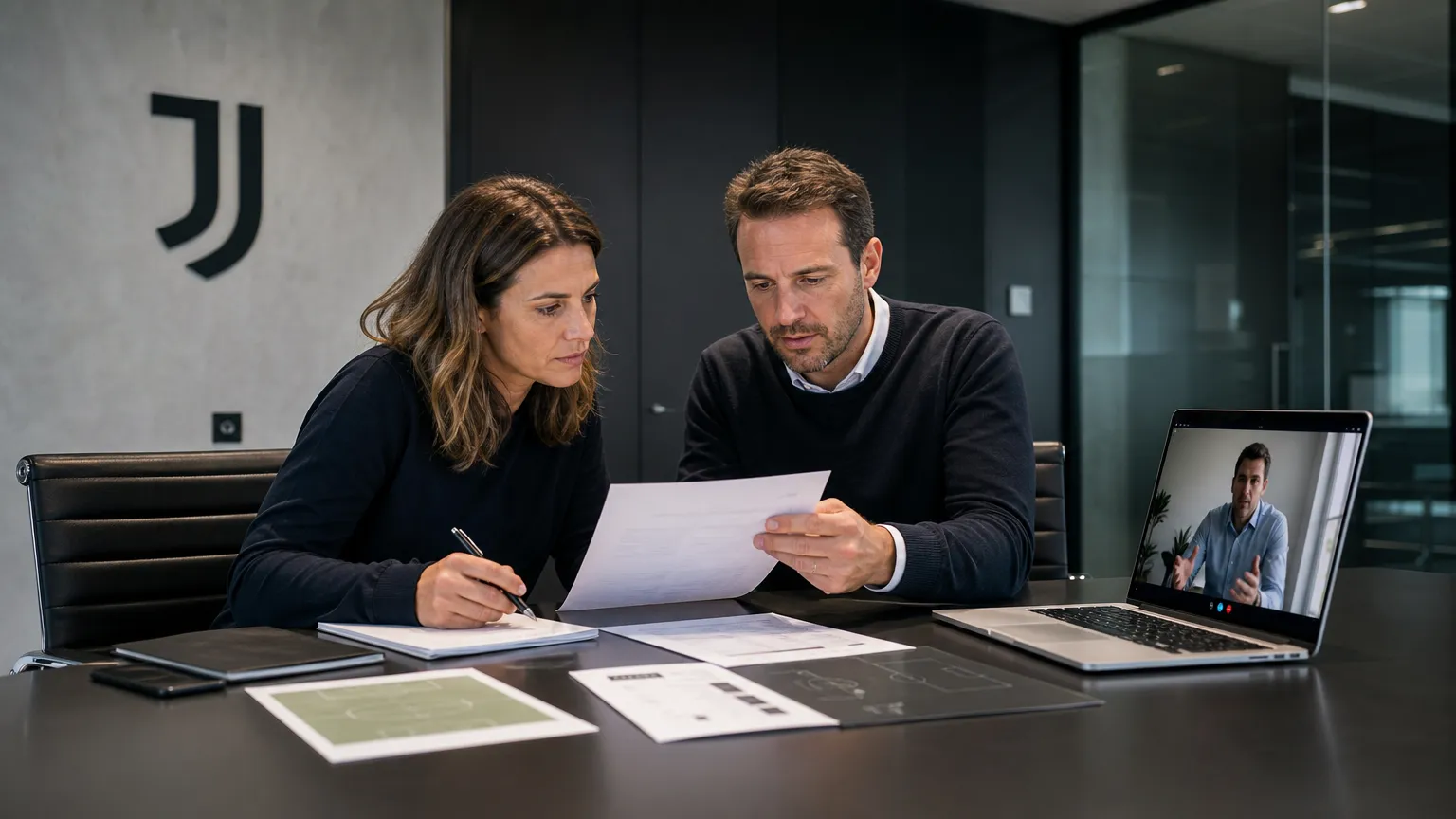 Twee clubmedewerkers overleggen in een vergaderzaal met een discreet Juventus-logo aan de wand.