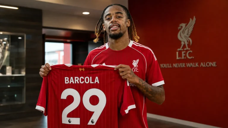Bradley Barcola poseert met een Liverpool-shirt met rugnummer 29 tijdens zijn voorstelling.