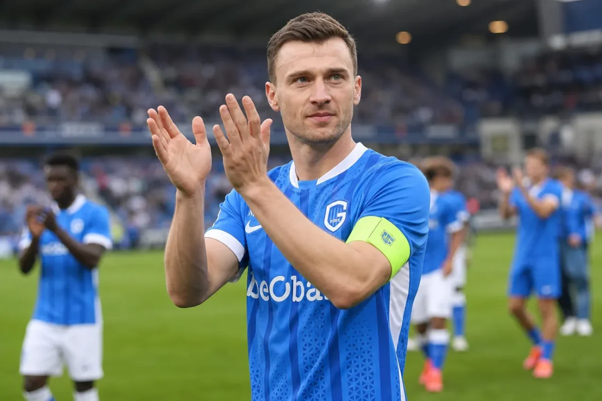 Bryan Heynen applaudisseert de supporters op het veld voor een oefenwedstrijd van KRC Genk.