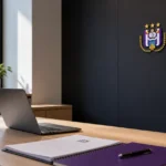 Communicatiehoek in een clubkantoor met een discreet RSC Anderlecht-embleem aan de wand.
