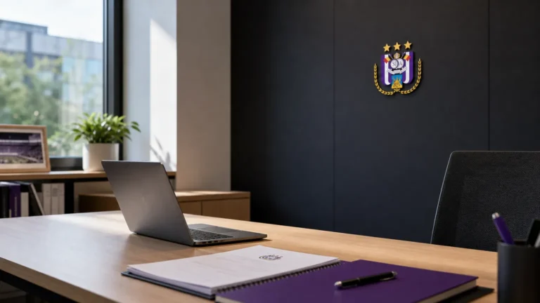 Communicatiehoek in een clubkantoor met een discreet RSC Anderlecht-embleem aan de wand.