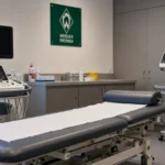 Medische onderzoeksruimte met apparatuur en een discreet Werder Bremen-wandbord.