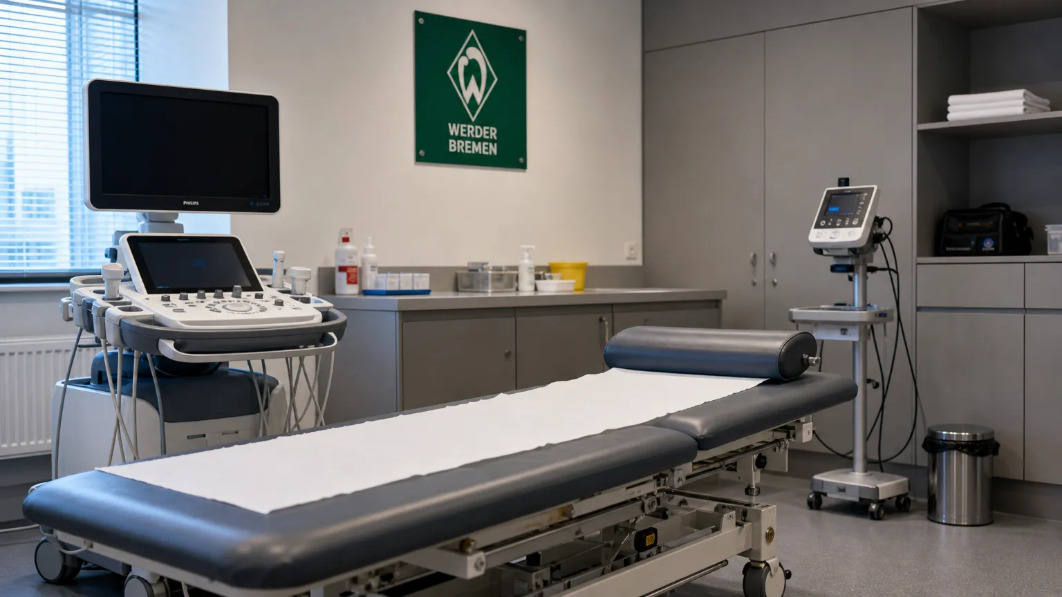 Medische onderzoeksruimte met apparatuur en een discreet Werder Bremen-wandbord.