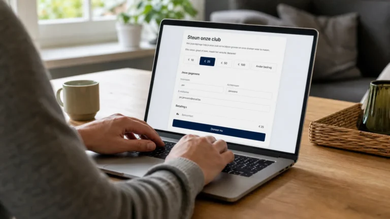 Een niet-herkenbare supporter gebruikt een laptop om online een bijdrage aan een voetbalclub te doen.