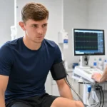 Max Dean tijdens een sportmedisch onderzoek in neutrale sportkleding.
