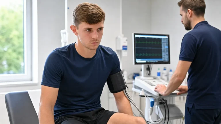 Max Dean tijdens een sportmedisch onderzoek in neutrale sportkleding.