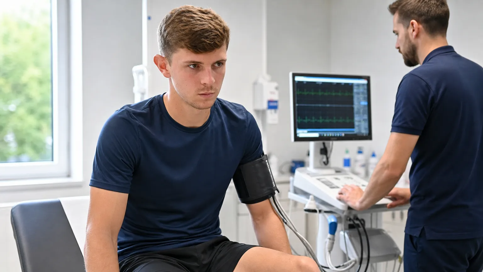 Max Dean tijdens een sportmedisch onderzoek in neutrale sportkleding.