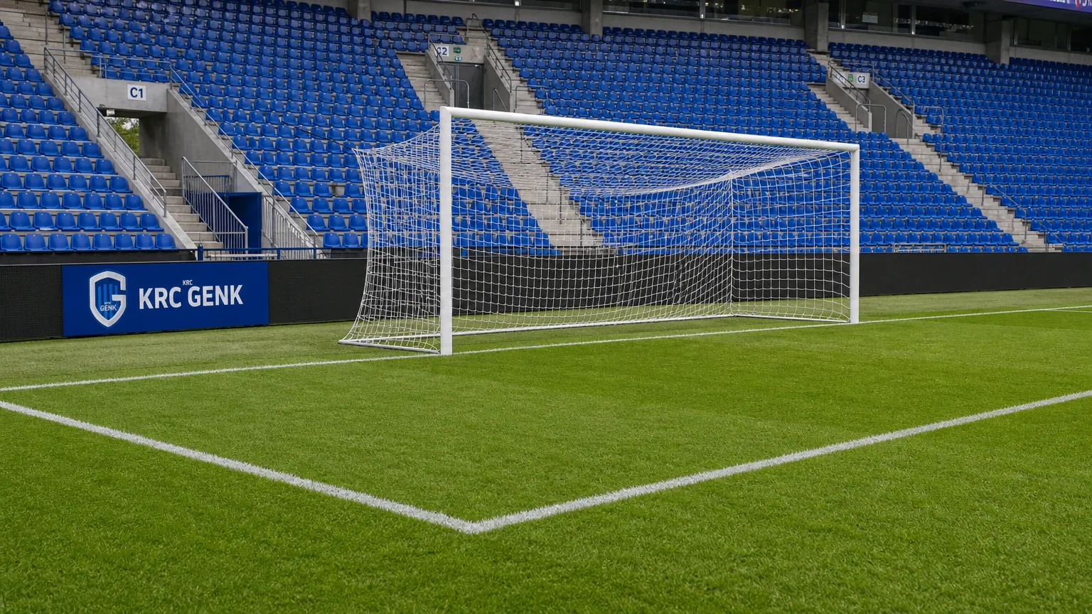 Leeg doelgebied in de Cegeka Arena met een discreet bord van KRC Genk.