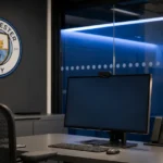 Een werkruimte van Manchester City tijdens de voorbereiding van een officiële transferaankondiging.