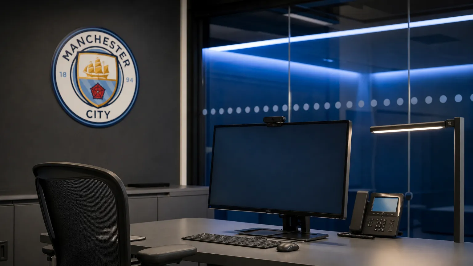 Een werkruimte van Manchester City tijdens de voorbereiding van een officiële transferaankondiging.
