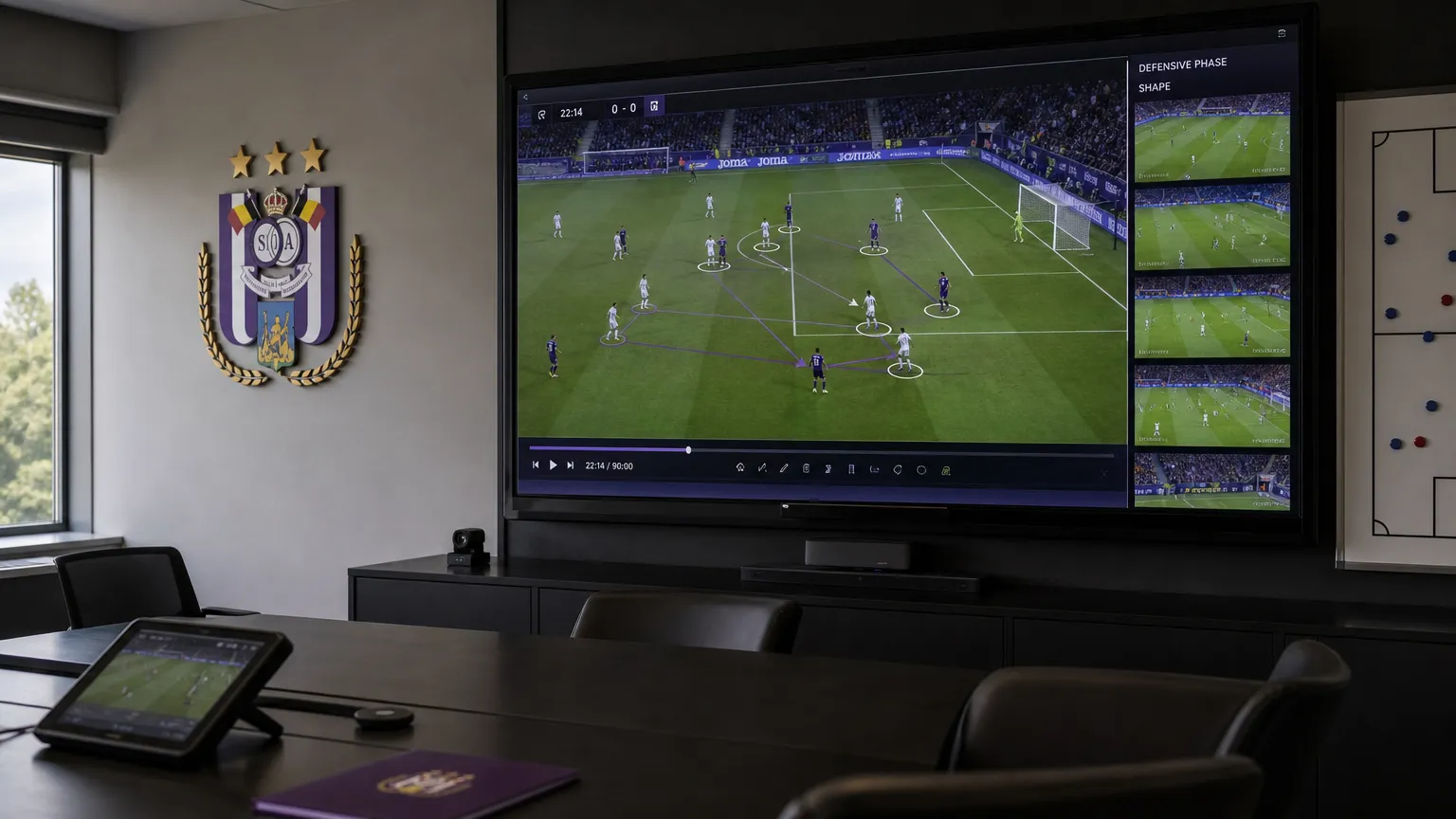 Videoanalyse in een scoutingruimte van RSC Anderlecht.