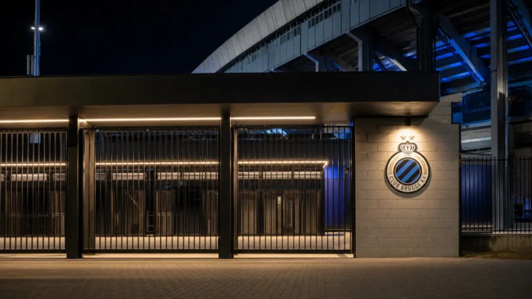 De ingang van het stadion van Club Brugge met een discreet clubbord.