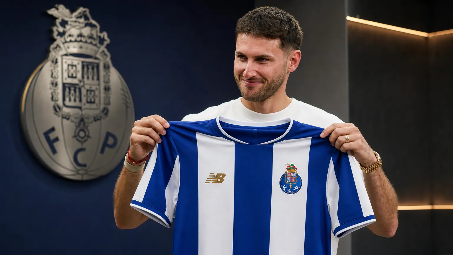 Santiago Giménez poseert met het shirt van FC Porto tijdens zijn officiële voorstelling.