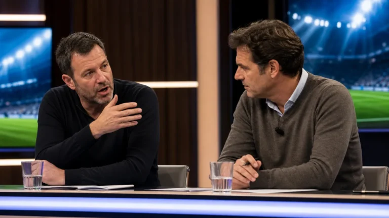 Twee analisten in een televisiestudio tijdens een voetbaldiscussie aan een desk.
