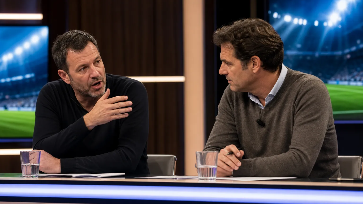 Twee analisten in een televisiestudio tijdens een voetbaldiscussie aan een desk.