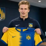 Cisse Sandra toont het shirt van KVC Westerlo tijdens zijn officiële voorstelling.