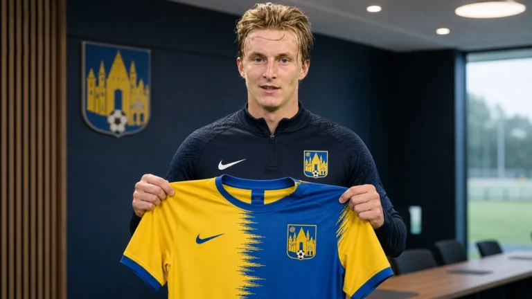 Cisse Sandra toont het shirt van KVC Westerlo tijdens zijn officiële voorstelling.