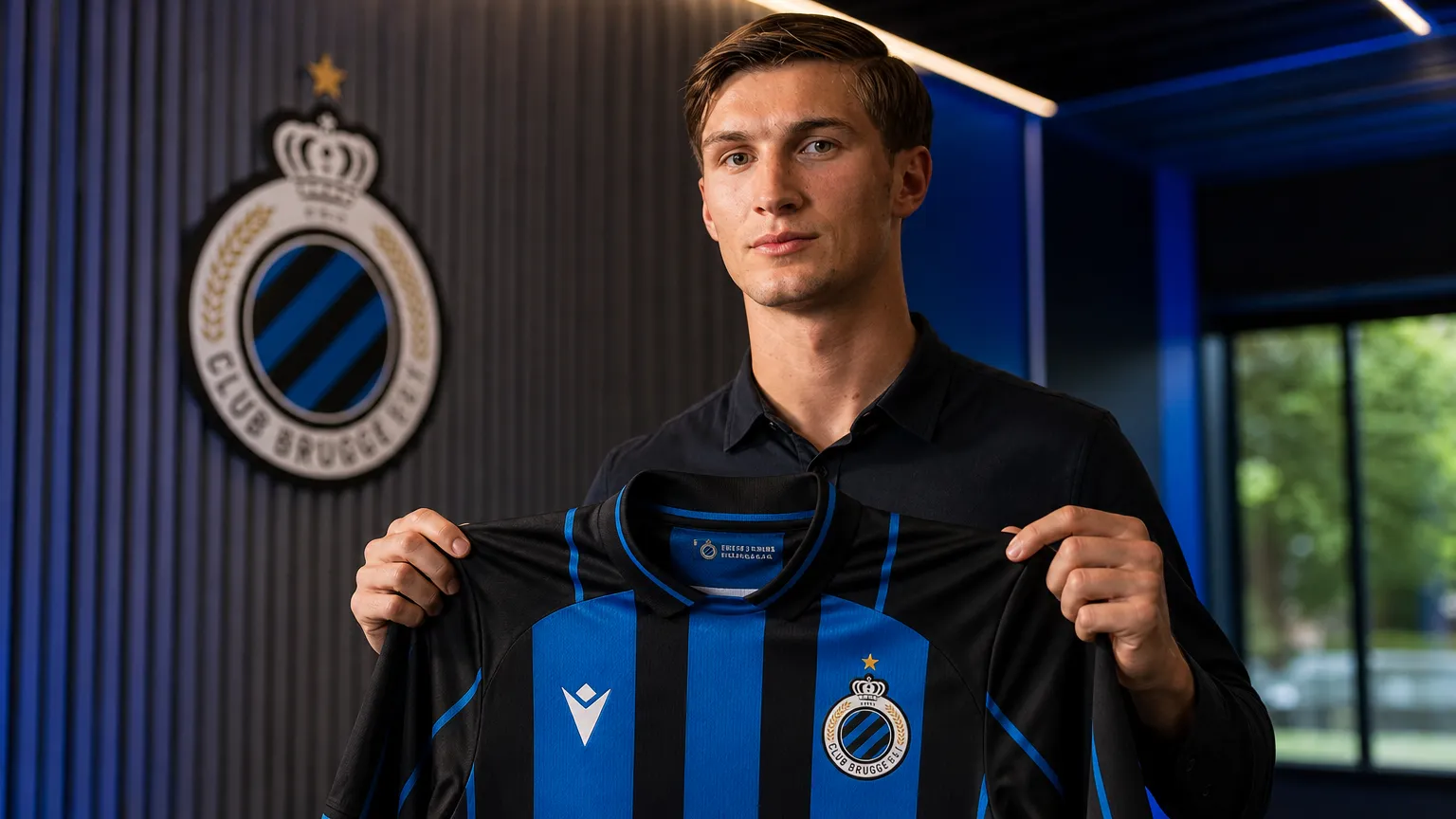 Freddie Potts poseert met een Club Brugge-shirt in een indoor mediasetting.