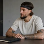 Nemanja Gudelj in neutrale sportkleding tijdens een rustig gesprek in een vergaderruimte.