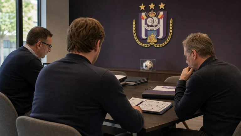 Niet-identificeerbare clubmedewerkers bespreken dossiers aan een tafel in een kantoor van Anderlecht.