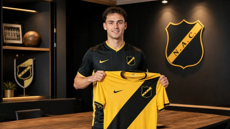 Jannes van Hecke poseert met een NAC Breda-shirt tijdens zijn presentatie.