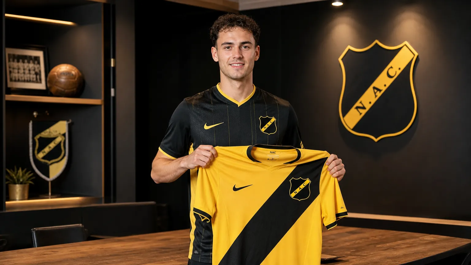 Jannes van Hecke poseert met een NAC Breda-shirt tijdens zijn presentatie.