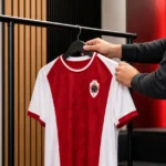 Een niet-herkenbare medewerker bereidt een Royal Antwerp FC-shirt voor in een clubstudio.
