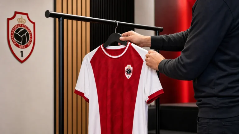Een niet-herkenbare medewerker bereidt een Royal Antwerp FC-shirt voor in een clubstudio.