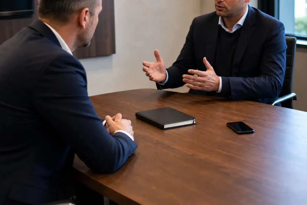 Twee niet-herkenbare clubvertegenwoordigers in gesprek aan een vergadertafel.