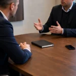 Twee niet-herkenbare clubvertegenwoordigers in gesprek aan een vergadertafel.