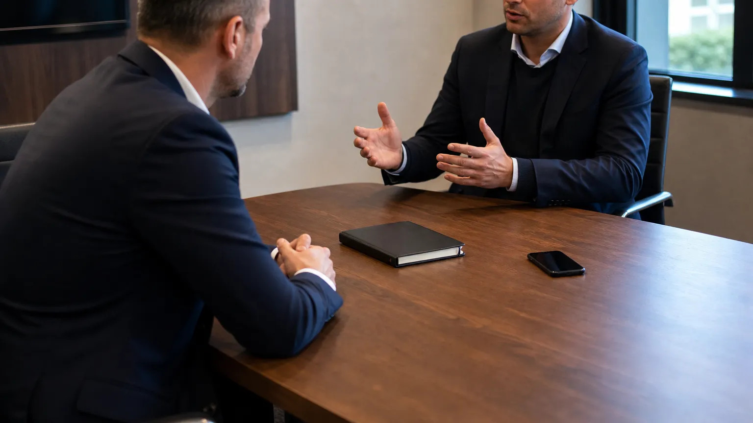 Twee niet-herkenbare clubvertegenwoordigers in gesprek aan een vergadertafel.