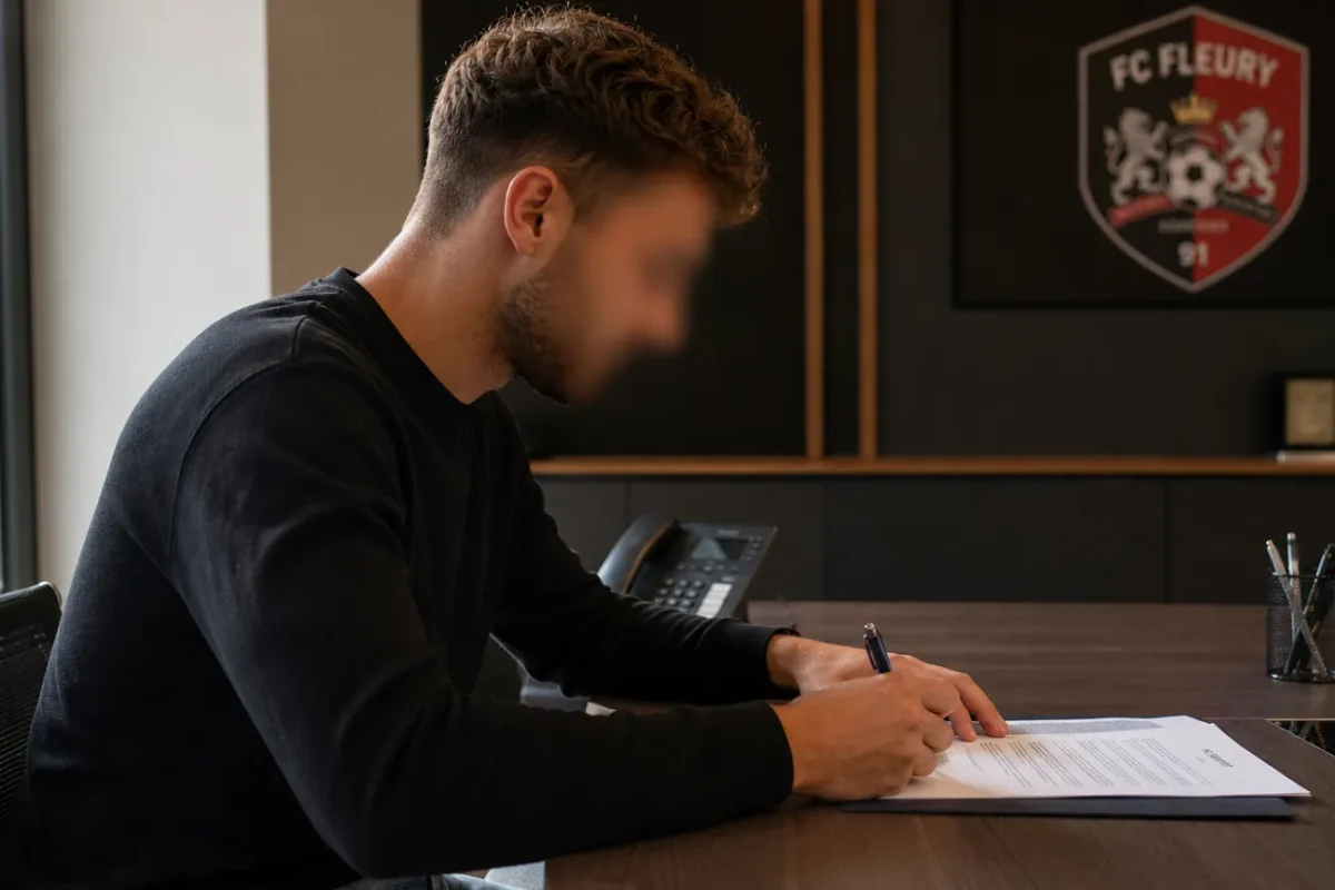 Een niet-herkenbare voetballer ondertekent documenten aan een tafel in een clubkantoor.