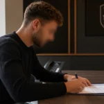 Een niet-herkenbare voetballer ondertekent documenten aan een tafel in een clubkantoor.