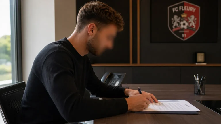 Een niet-herkenbare voetballer ondertekent documenten aan een tafel in een clubkantoor.