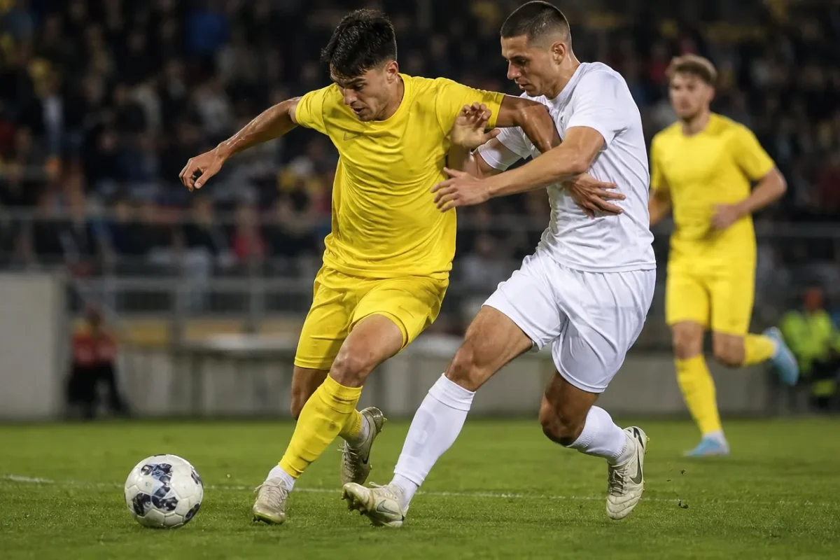 Niet-identificeerbare voetballers in gele en witte tenues vechten om de bal op een verlicht veld.