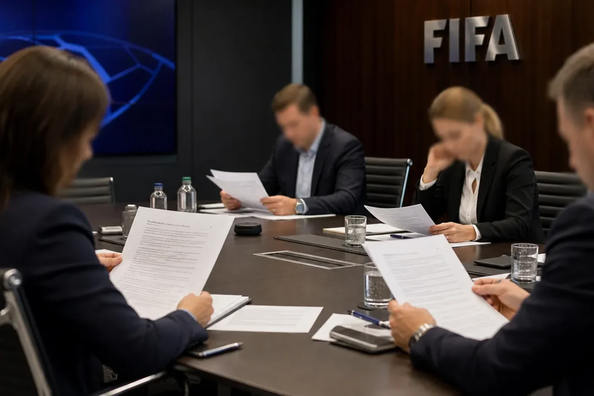 Niet-identificeerbare FIFA-medewerkers lezen documenten aan een vergadertafel.