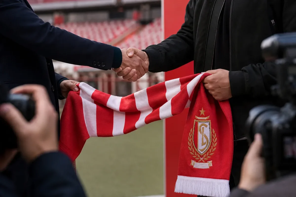 Transferpresentatie bij Standard Luik met rood-witte details op Sclessin zonder herkenbare gezichten
