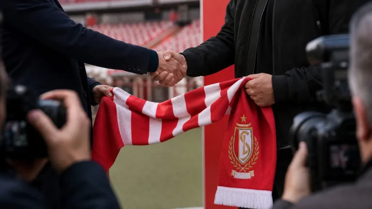 Transferpresentatie bij Standard Luik met rood-witte details op Sclessin zonder herkenbare gezichten