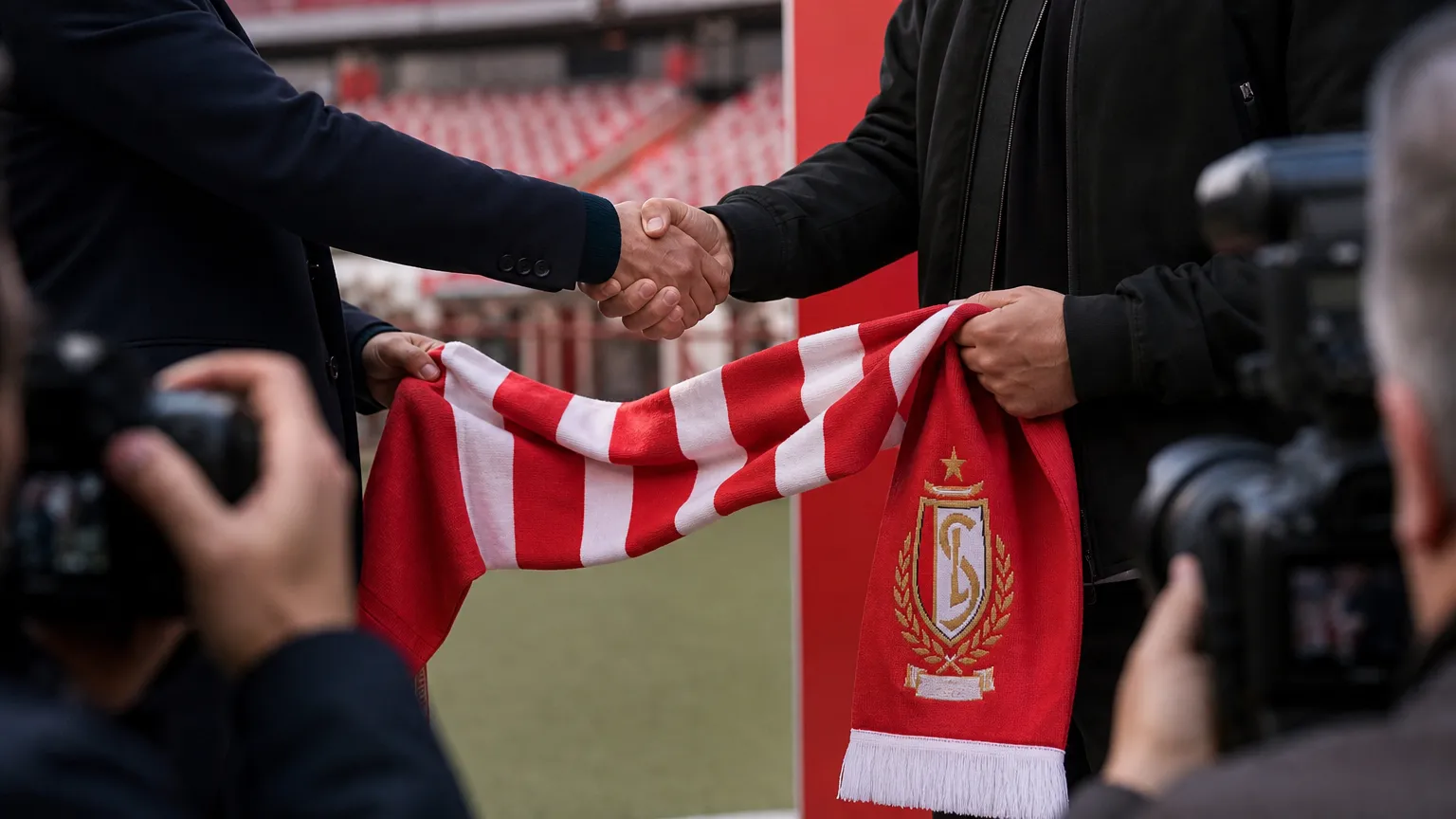 Transferpresentatie bij Standard Luik met rood-witte details op Sclessin zonder herkenbare gezichten