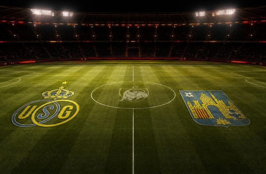 Logo’s van Union en Westerlo rond het JPL-logo in een rustig verlicht stadion