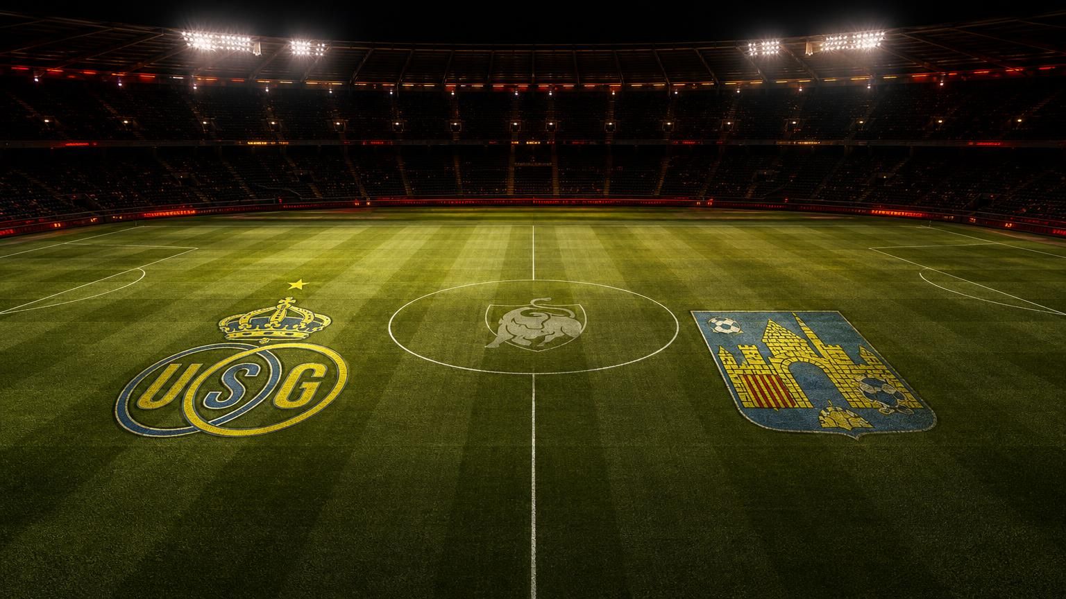 Logo’s van Union en Westerlo rond het JPL-logo in een rustig verlicht stadion